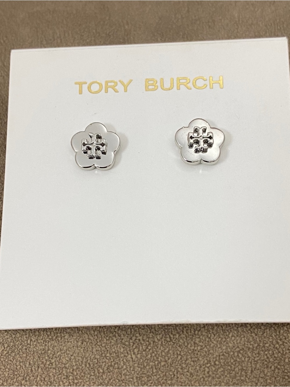 Tory Burch Silver Floral Logo Stud Earrings